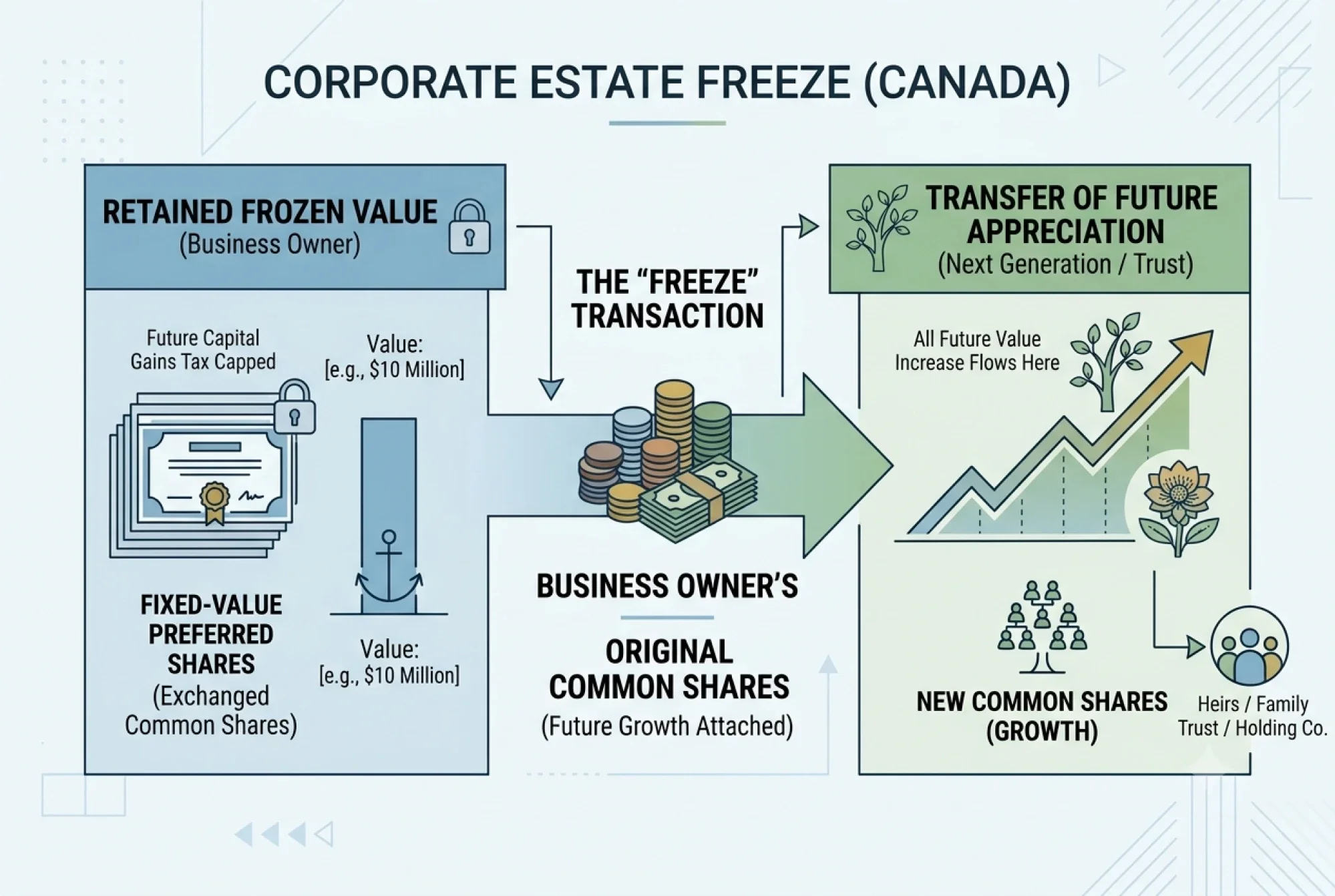 Diagram illustrating a business owner's shares splitting into frozen and growth components in an estate freeze