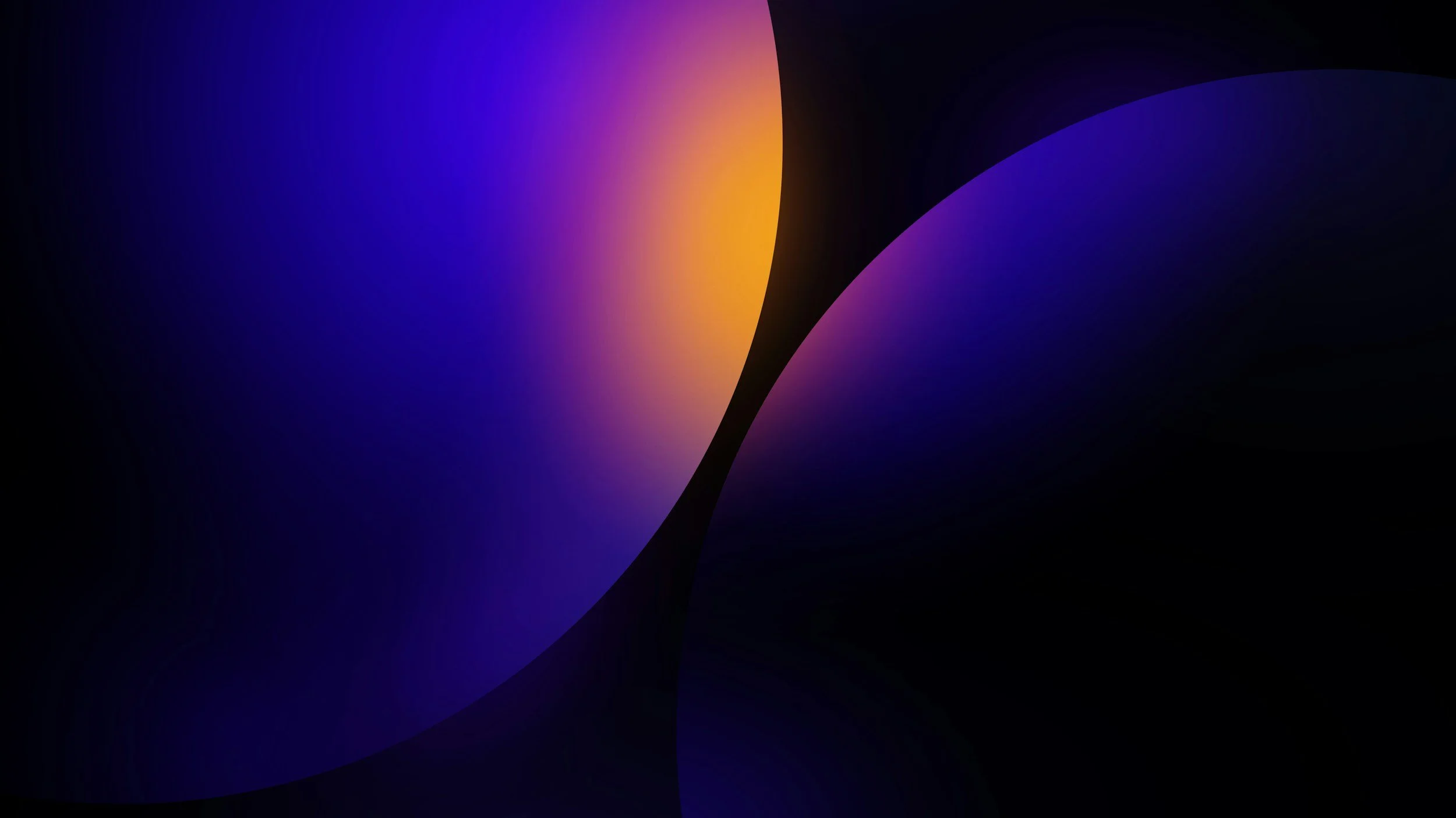 Two overlapping dark curved shapes lit by violet and an amber glow on black