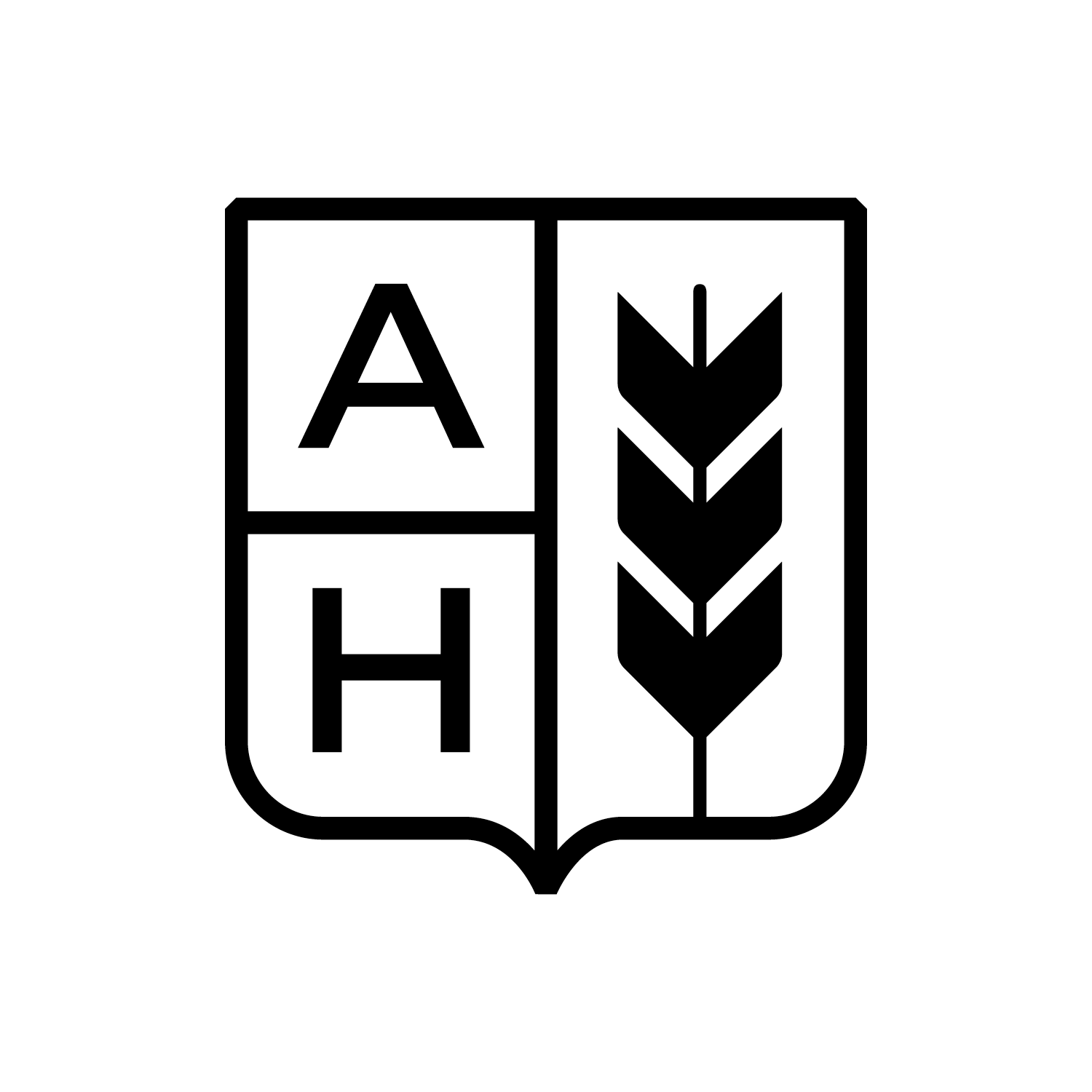 A black and white shield emblem with the letters A and H on the chest and three wheat stalks on one side.