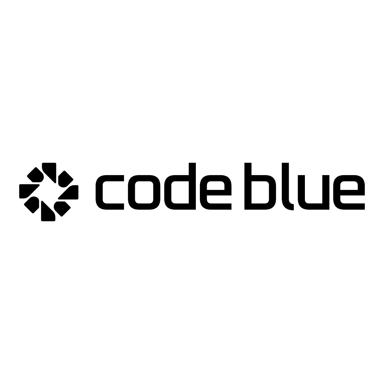The logo of Code Blue, featuring a circular abstract symbol made of black shapes and the text 'code blue' in lowercase black font.