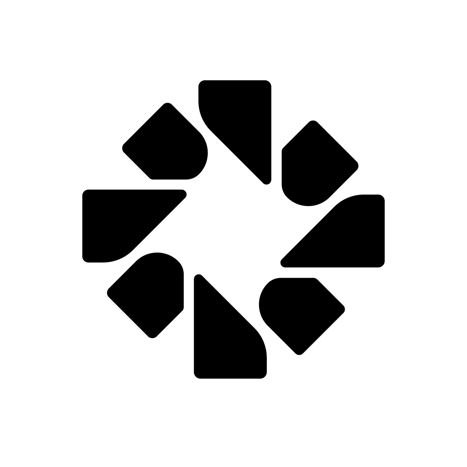 Abstract black and white geometric pattern with eight irregular shapes arranged in a circle.