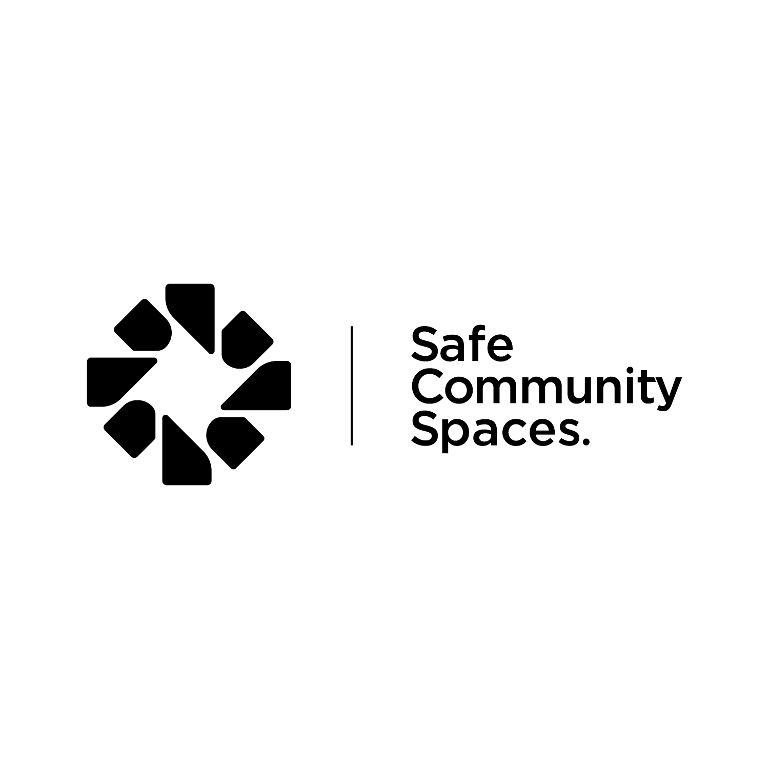 Logo with circular pattern of black abstract shapes and the text "Safe Community Spaces" to the right.