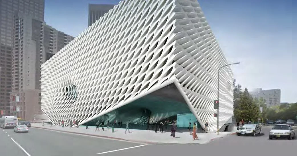 The Broad
2015
_
Public exhibition space and archive with a
delicate, yet structurally self supporting ‘light
control’ facade system that ‘veils’ the generous
open interiors of art gallery spaces.
_
12,000 SF
Eli Broad Art Foundation
_
Diller Scof