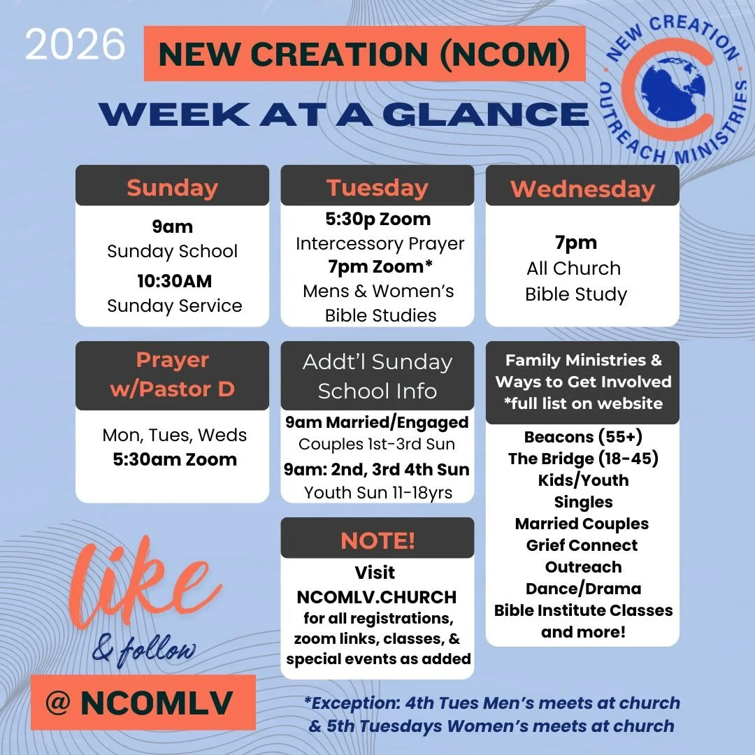 ✨ Week at a Glance ✨

Stay blessed this week💗🙏

🗓️Monday-Wednesday
Early Morning Prayer with Pastor D at 5:30 AM

🗓️Tuesday
*  Intercessory Prayer at 5:30 PM
* Women&rsquo;s &amp; Men&rsquo;s Bible Study at 7 PM

🗓️Wednesday 7pm
  Bible Study fo