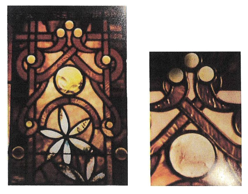 Close up pics of rondel, cut from dalle de verre, and chipped with a carbide tipped chipping hammer.