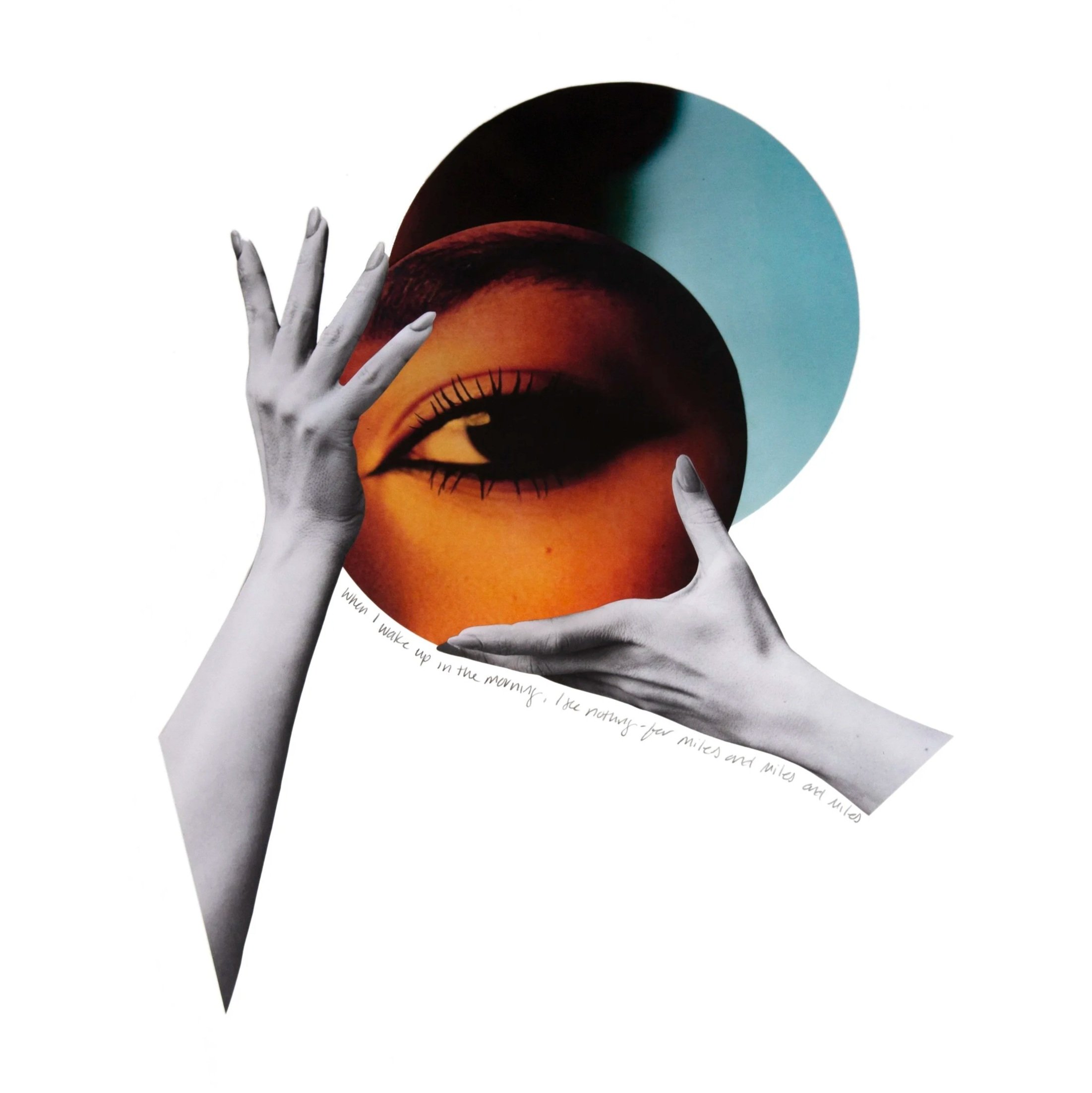 Trying To Wake Up From This  2025
| Hand-cut Collage on Archival Paper
| Lyrics from All We Ever Knew by The Head and the Heart 
| 25"x25" Framed
$900