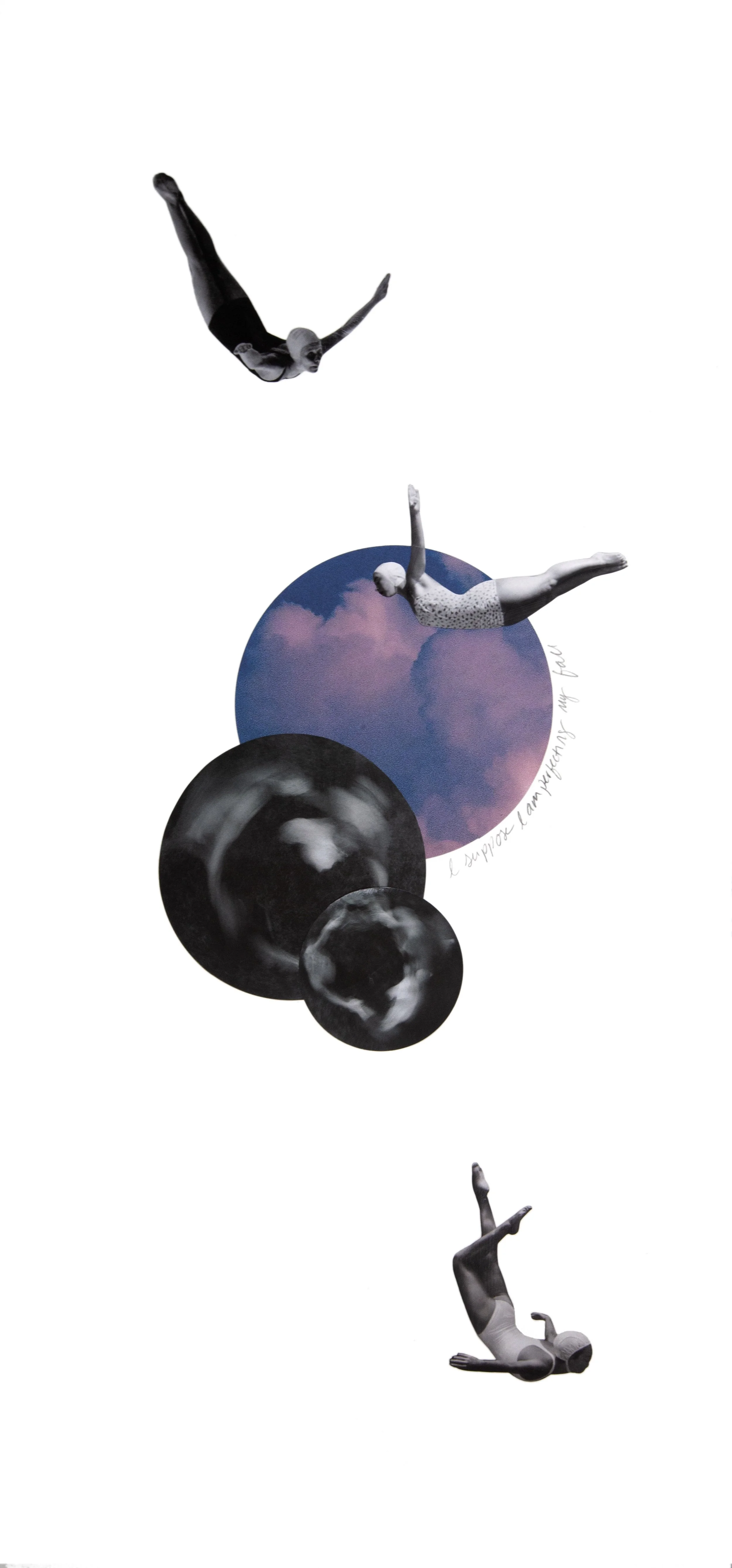 Learning to Fall, 2025 | Hand-cut Collage on Archival Paper | Lyrics from the song 50/50 by John Craige | 16”x32" Framed SOLD