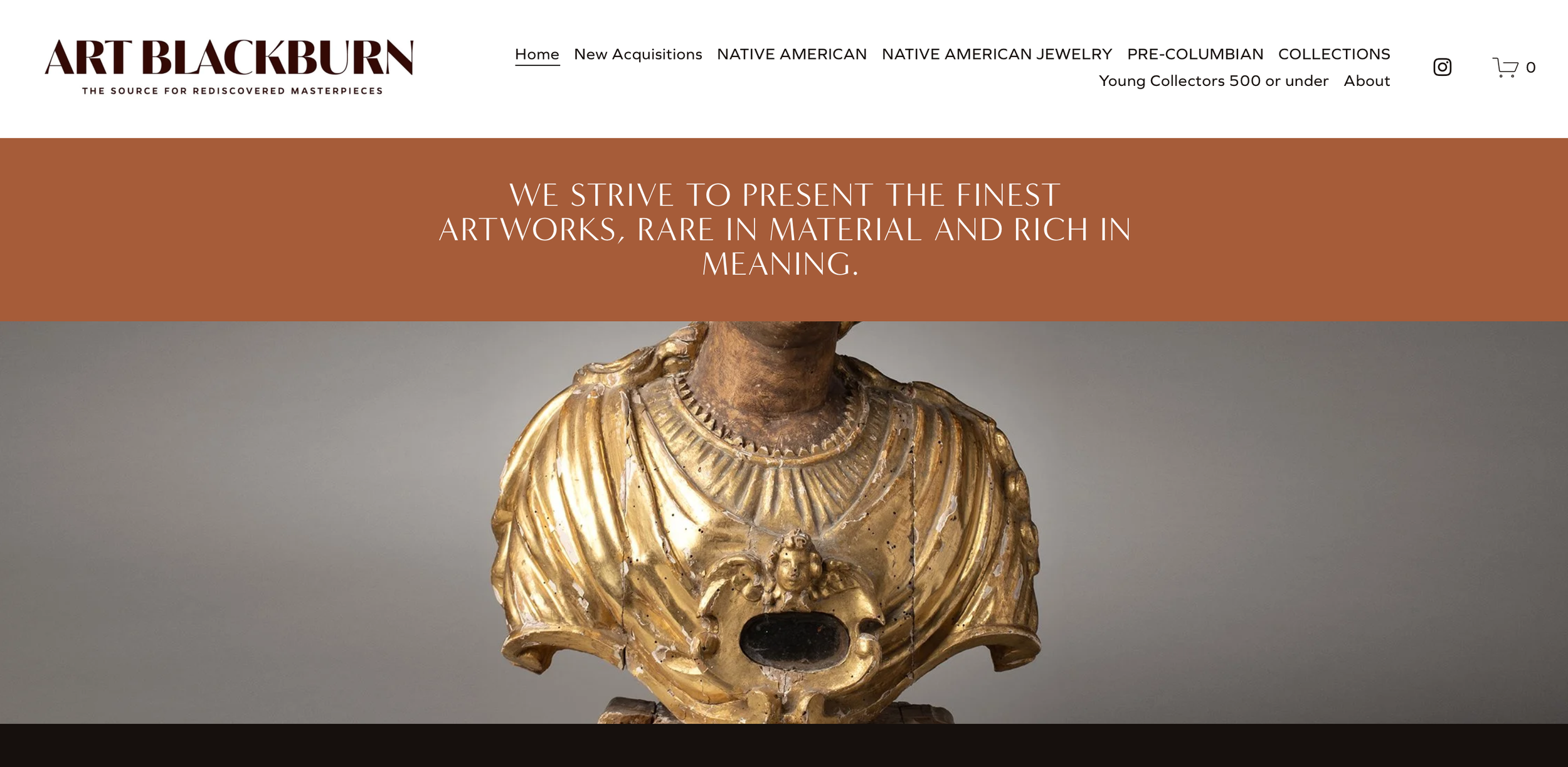 A website homepage for Art Blackburn showcasing a historic golden artifact featuring a human figure with jewelry and robes. The website has a navigation bar with links to collections and other pages.