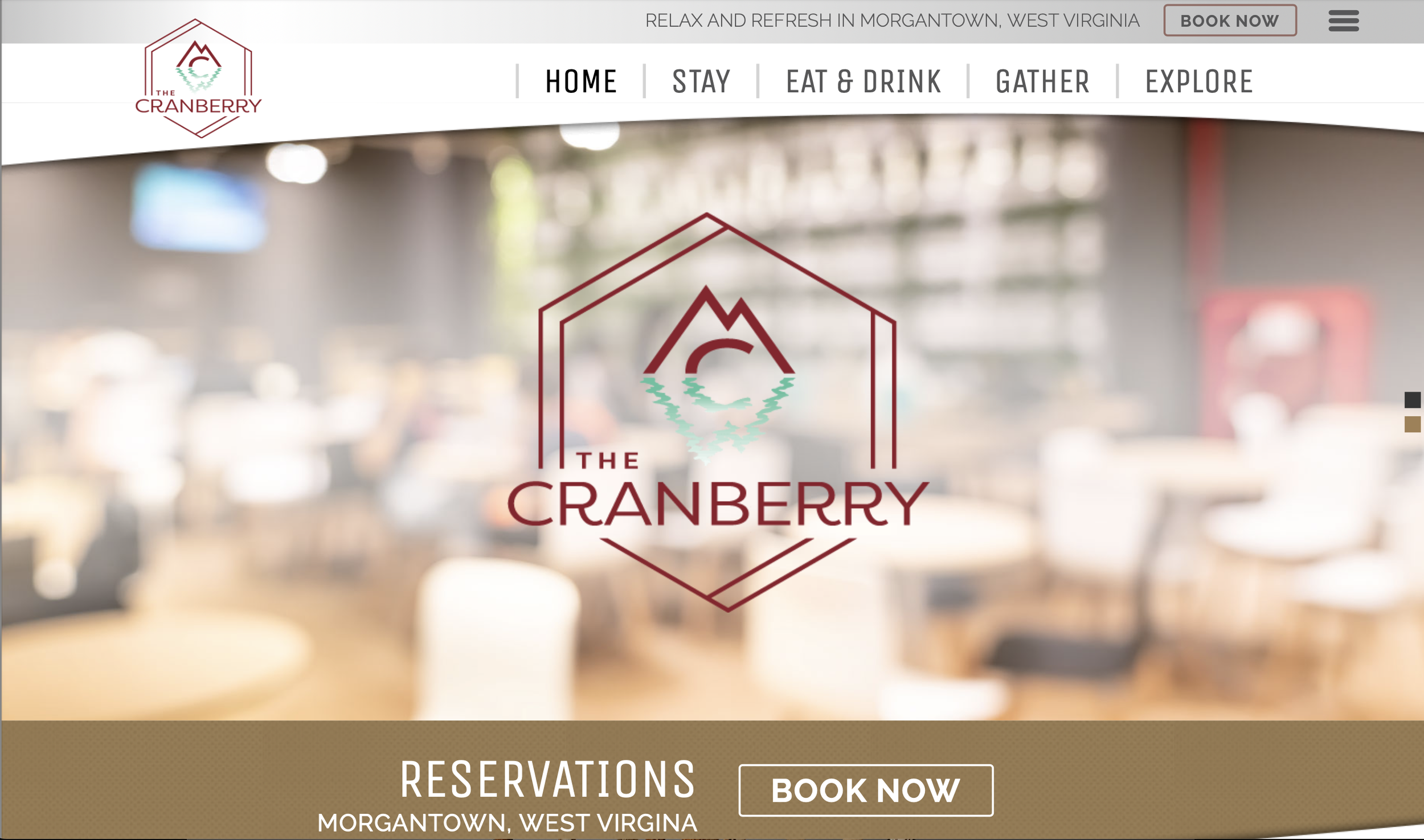 Website header for The Cranberry with navigation menu including Home, Stay, Eat & Drink, Gather, Explore, and a Book Now button. The logo features a mountain and water design in a hexagon shape.