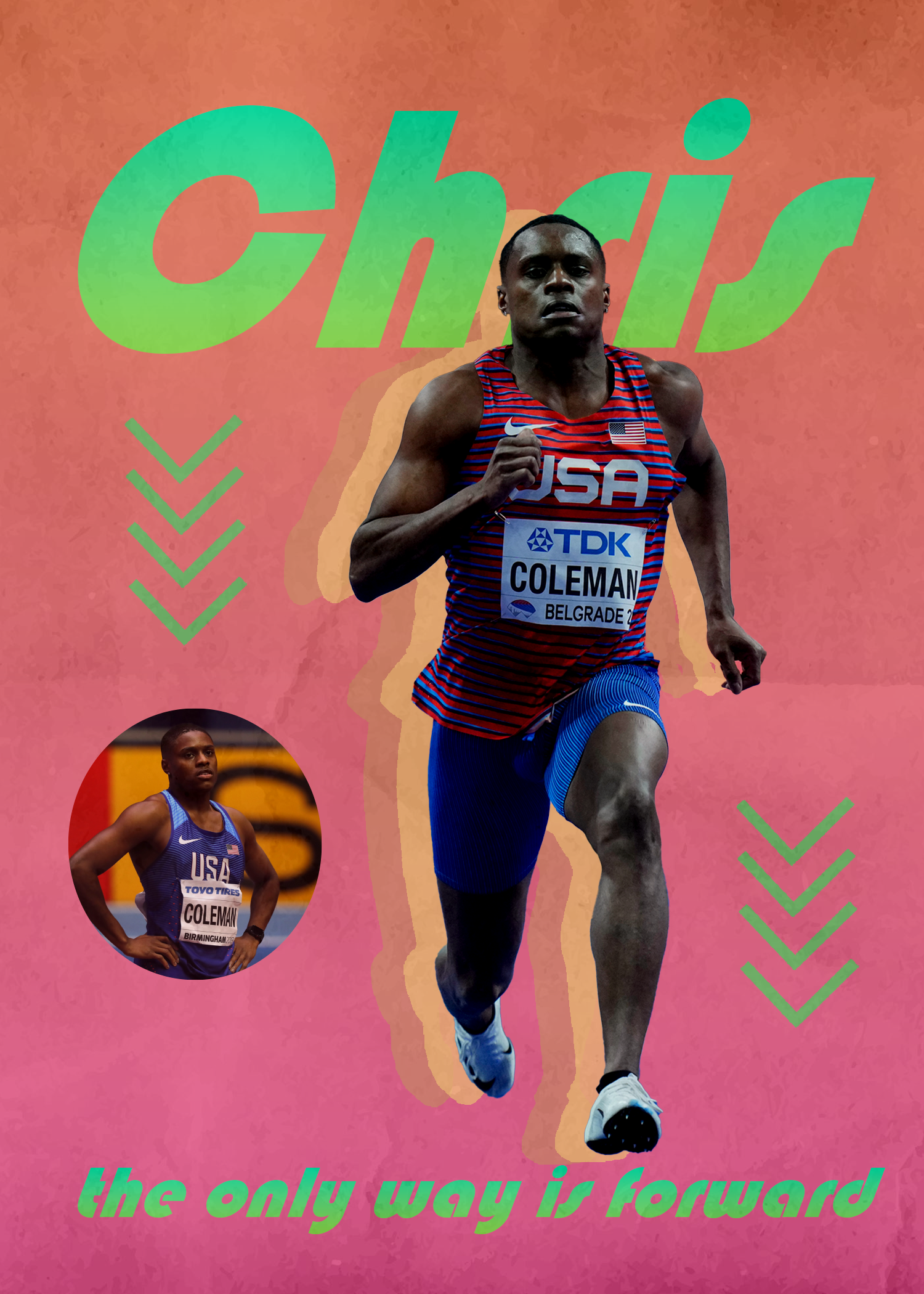  
 Runner Triptych: Christian Coleman 
 This is the record holder for the 60-meter indoor dash, Christian Coleman. I tried to evoke a sense of motion with the typography and secondary elements in all 3 pieces.  
 