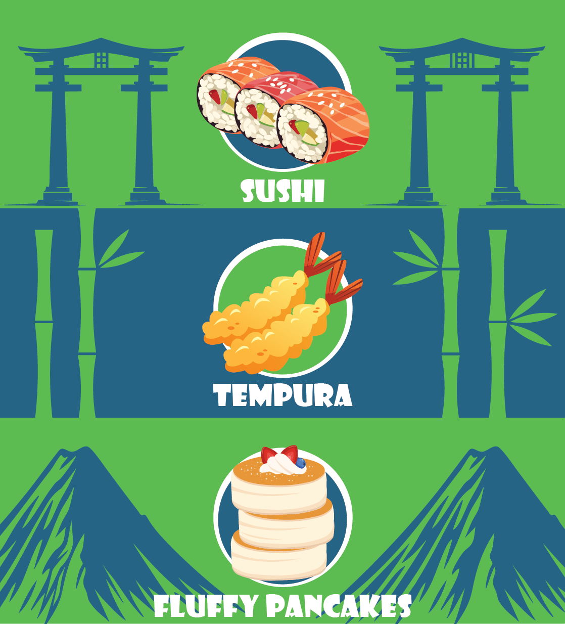  
 Japanese Foods 
 For this project, I was tasked to illustrate 3 well-known Japanese foods. I chose to depict sushi, tempura shrimp, and Japanese fluffy pancakes. I didn't want the background to be too empty, so I included some common symbols assoc