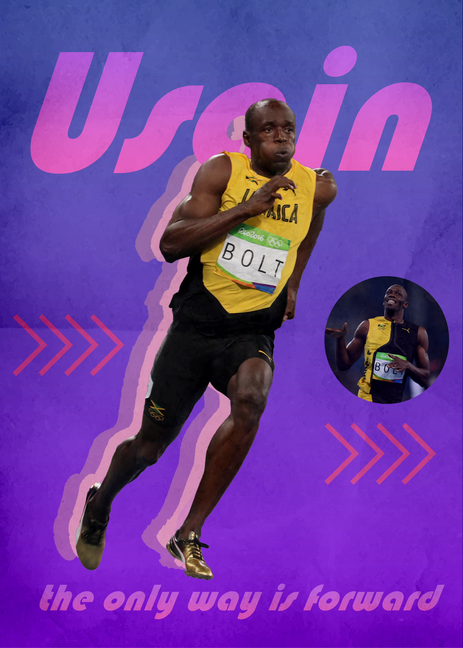  
 Runner Triptych: Usain Bolt 
 These first 3 pieces are a triptych of posters where I showcased some of the world's top runners. The depicted runners are Usain Bolt, Christian Coleman, and Justin Gatlin. 
 