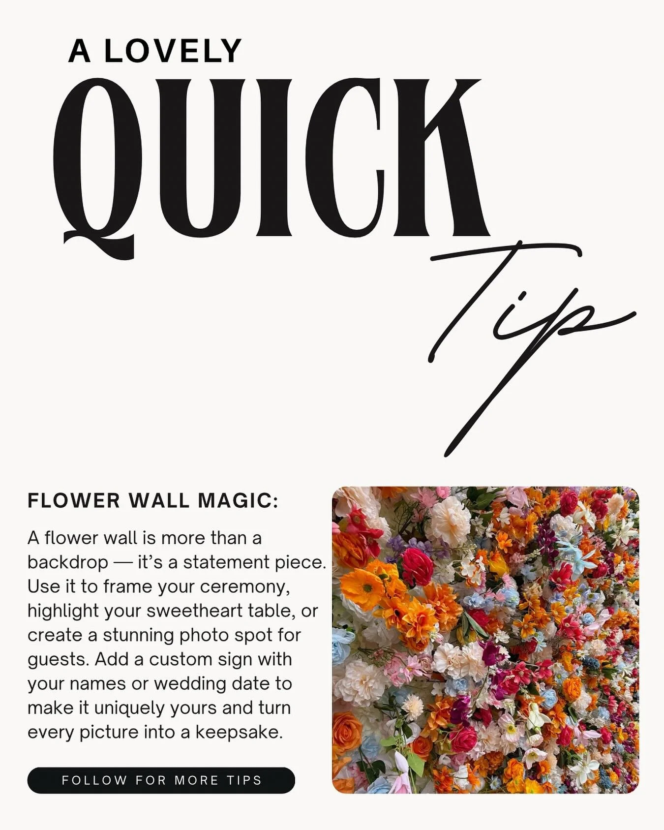 Our flower walls aren&rsquo;t just a backdrop&mdash;they&rsquo;re a showstopper. Perfect for &lsquo;I do&rsquo;s,&rsquo; photo ops, and anywhere you want to add a little lush romance. Available in two styles. 

#thelovelyeventrentalco #alovelyquickti