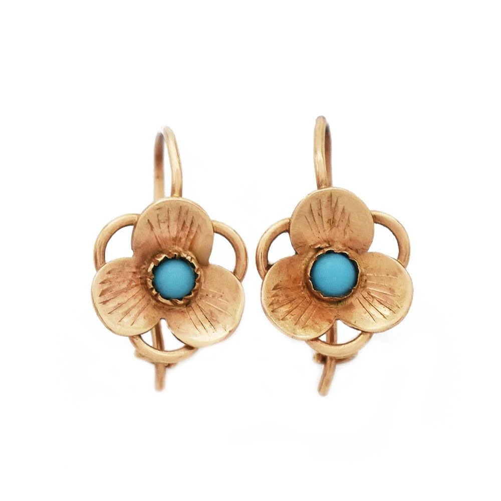 Antique Turquoise Clover Earrings Gold