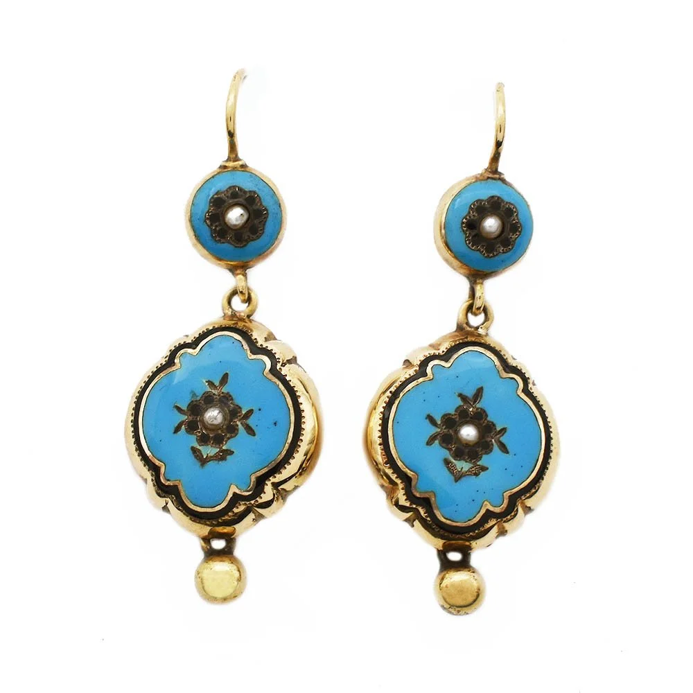 Antique Turquoise Enamel Seed Pearl Earrings Yellow Gold