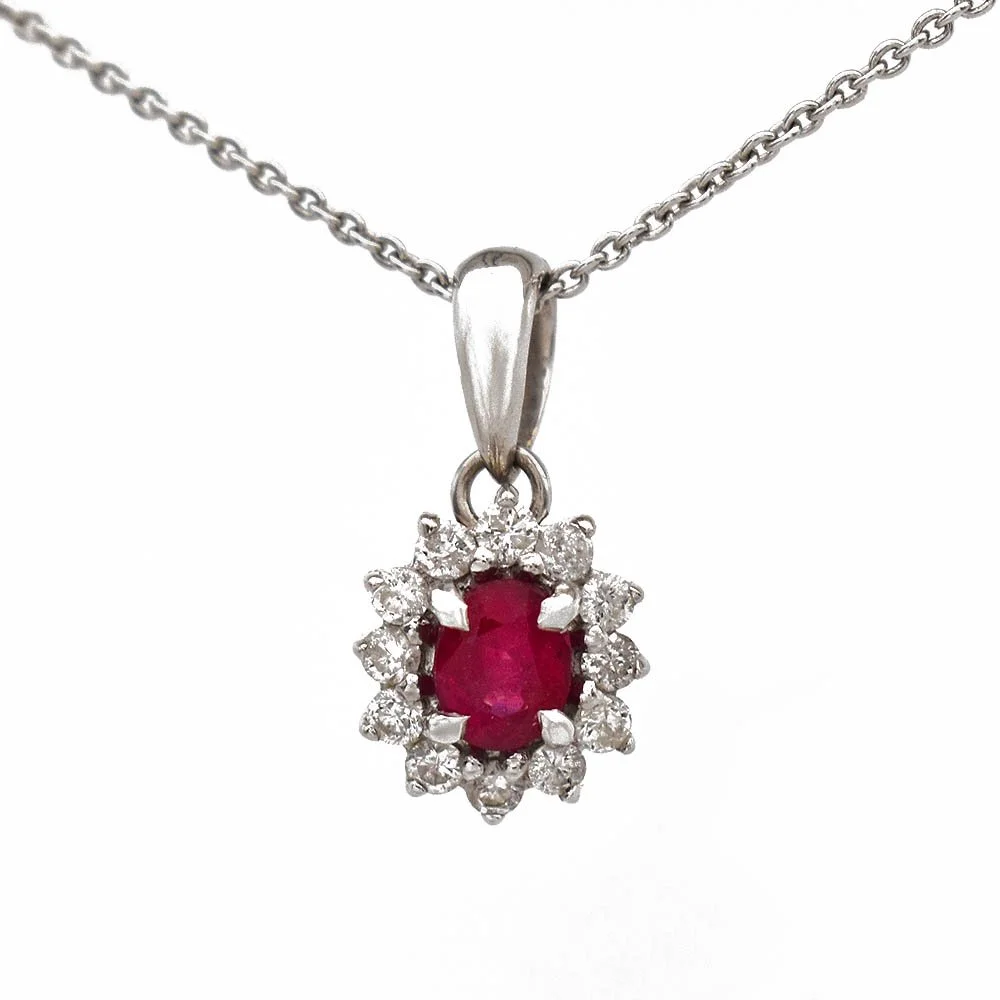 Ruby Diamond Halo Pendant with Chain