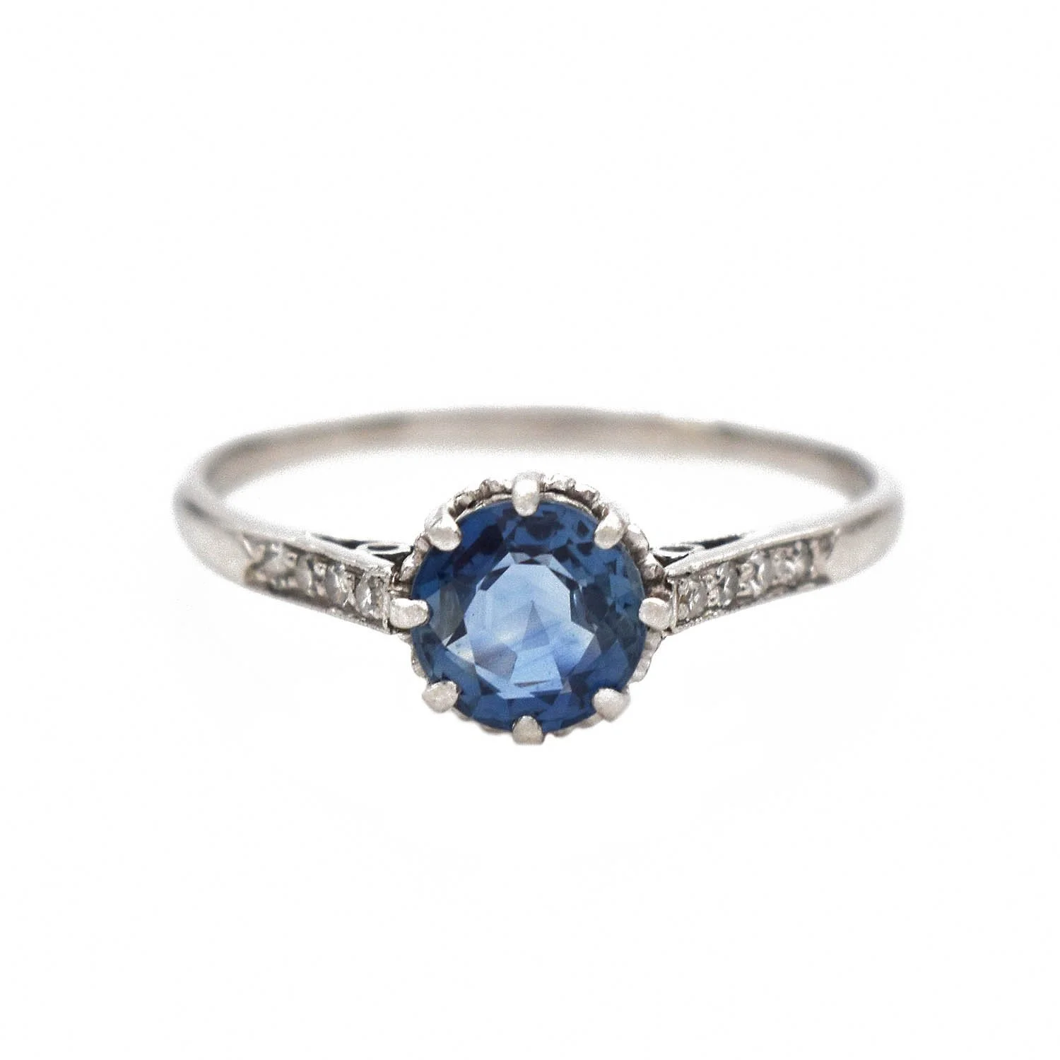 Vintage Blue Sapphire Diamond Ring White Gold