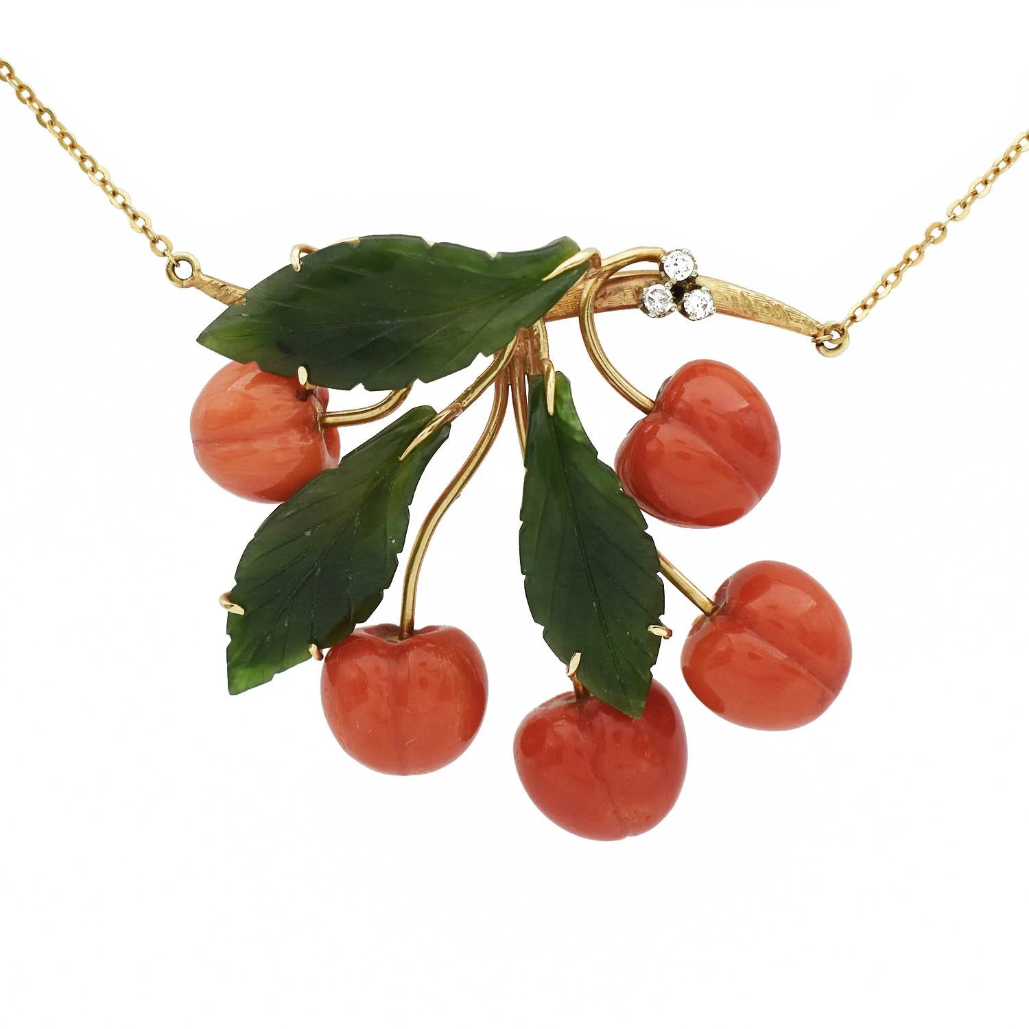 Mid-Century Jade Coral Cherry Necklace Gold