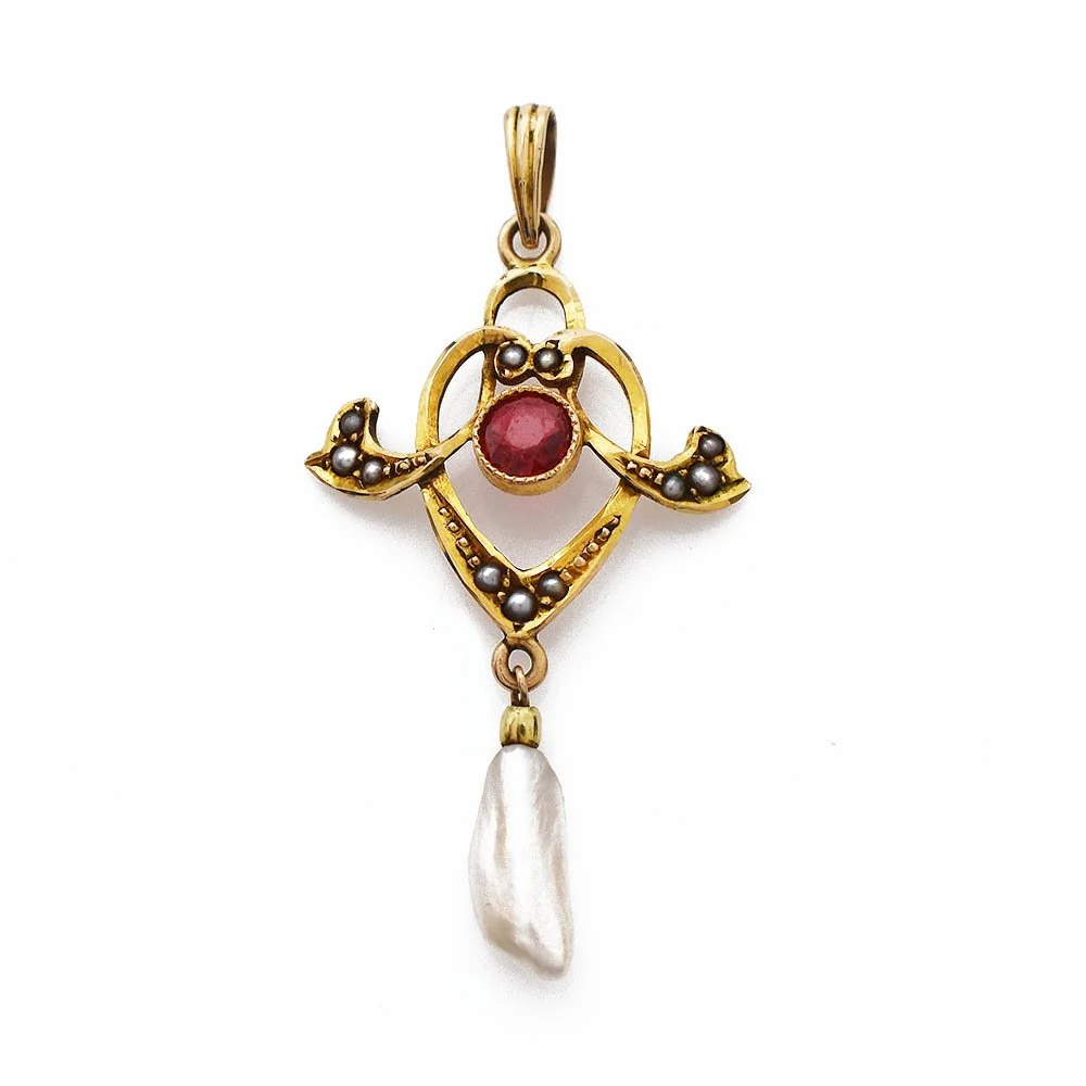 Vintage Garnet Pearl Lavalier Pendant Gold