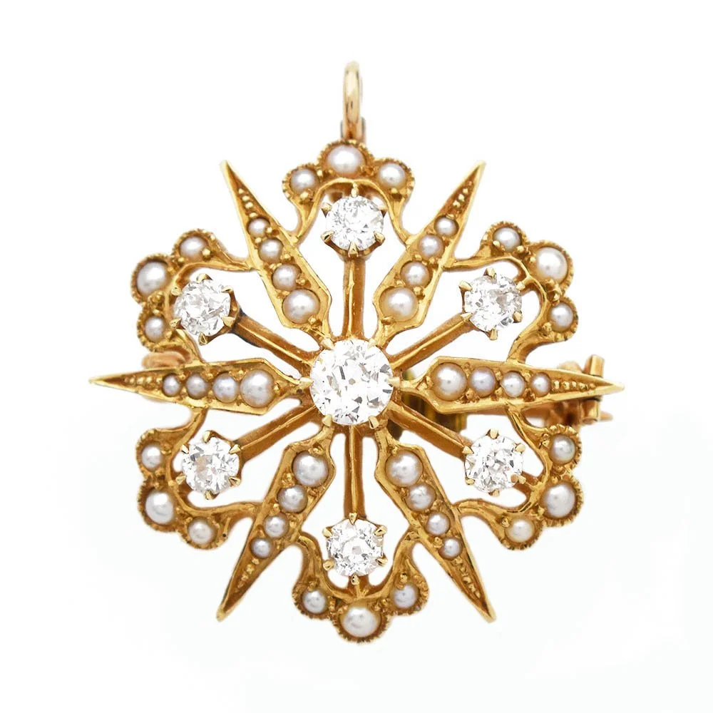 Victorian Diamond Pearl Star Pendant Pin