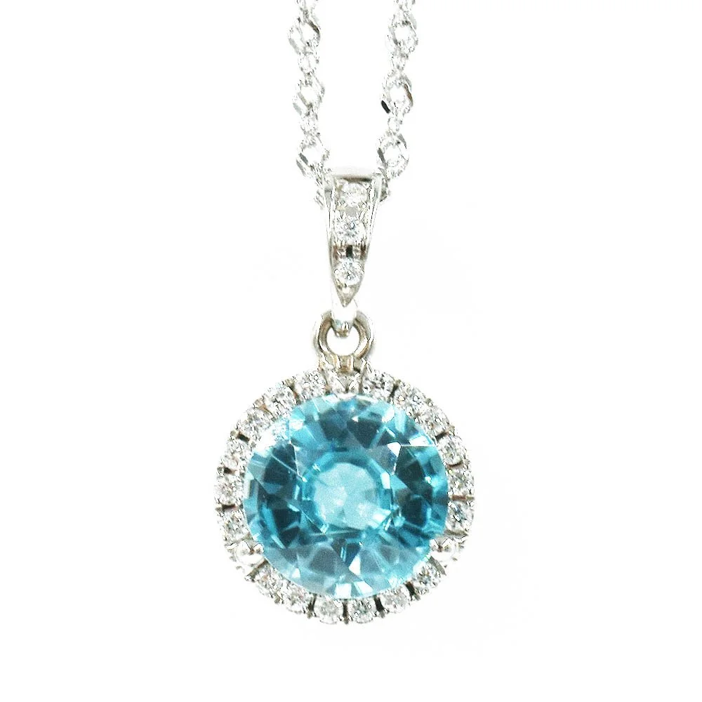 Blue Zircon Diamond Halo Pendant Gold