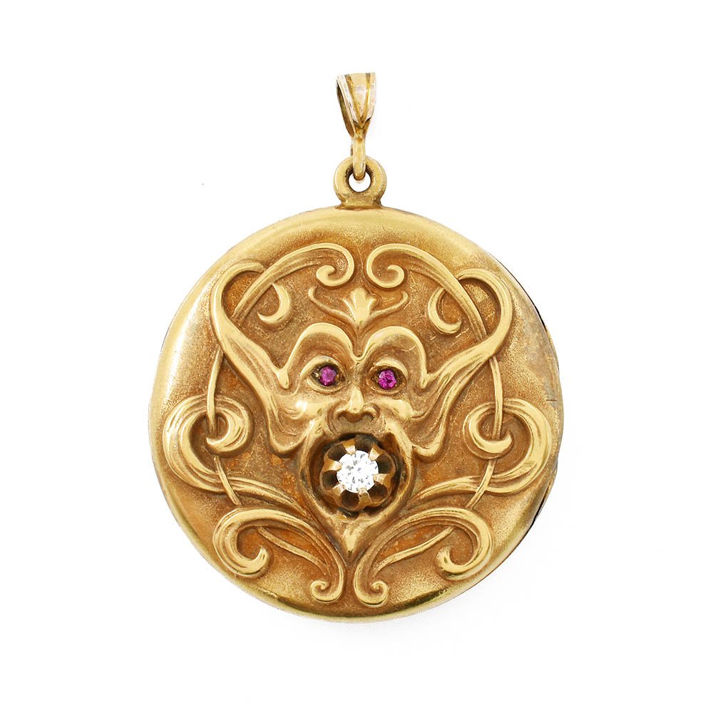 Gargoyle Face Diamond Ruby Locket Pendant Gold