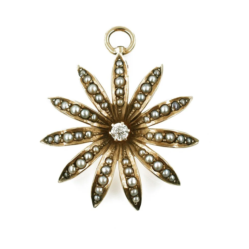 Diamond Seed Pearl Flower Pendant Gold