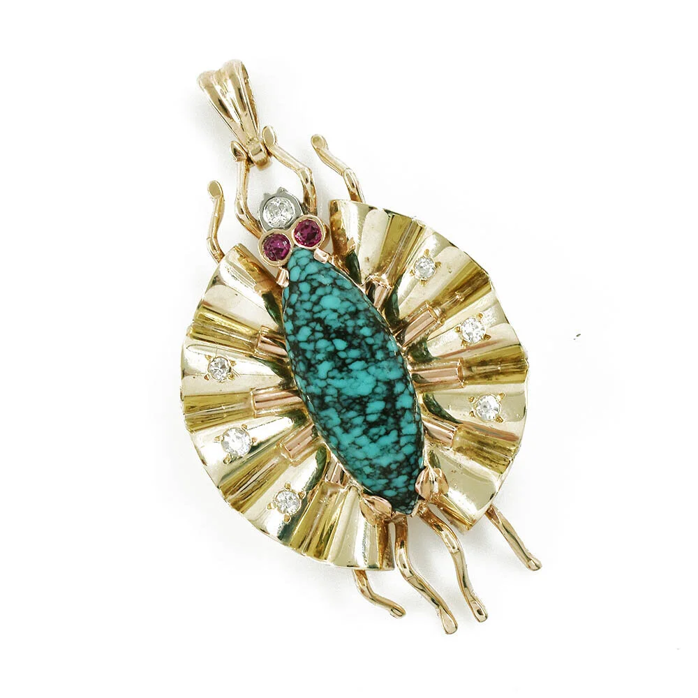 Turquoise Ruby Diamond Bug Pendant Gold
