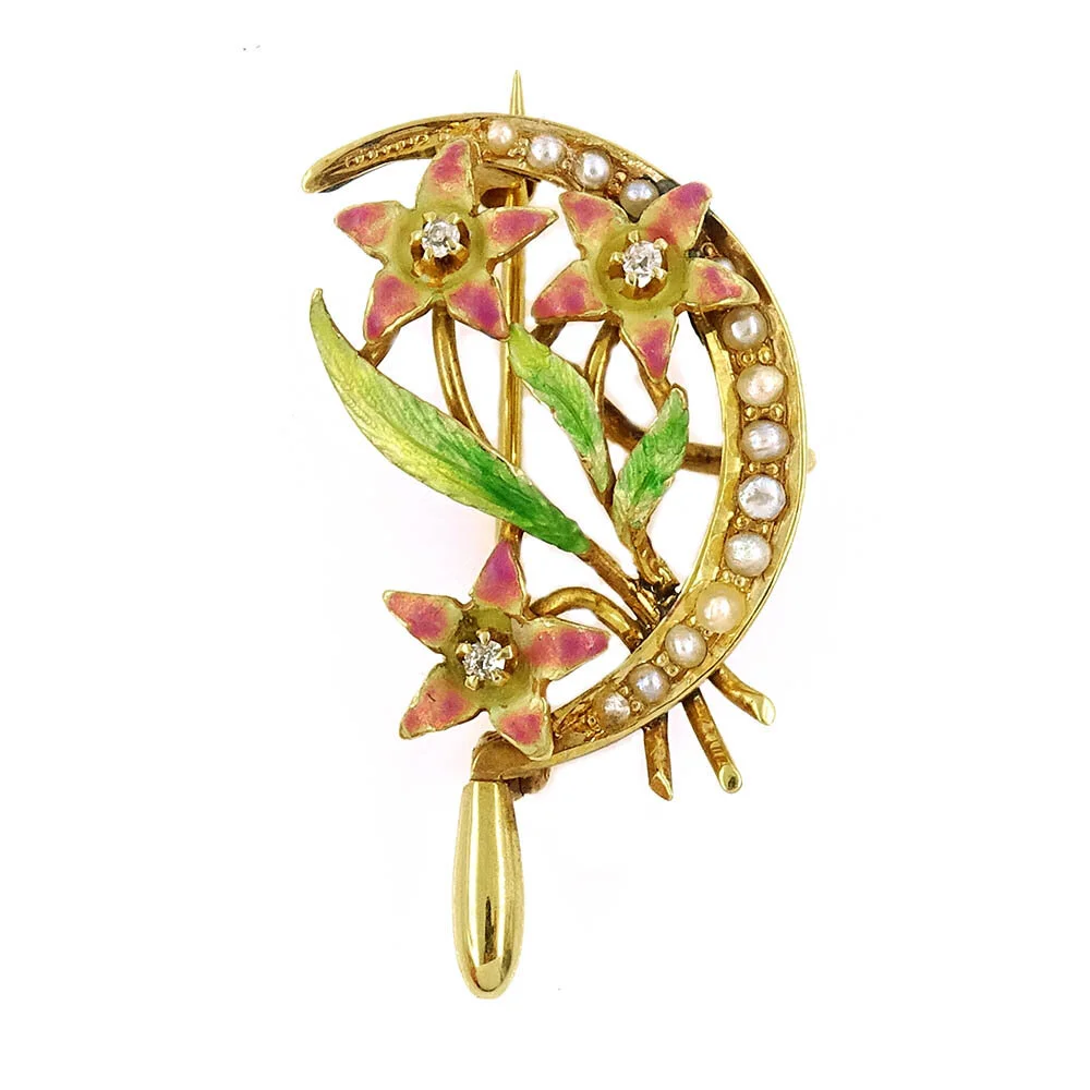 Art Nouveau Diamond and Enamel Flower Pin