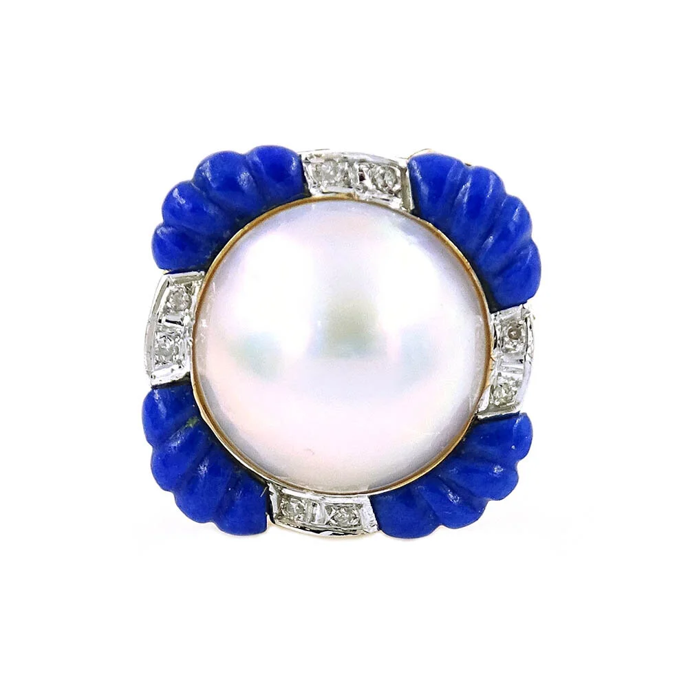 Mabe Pearl Lapis Diamond Ring Gold