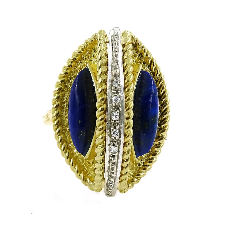 Lapis and Diamond Textured Gold Ring