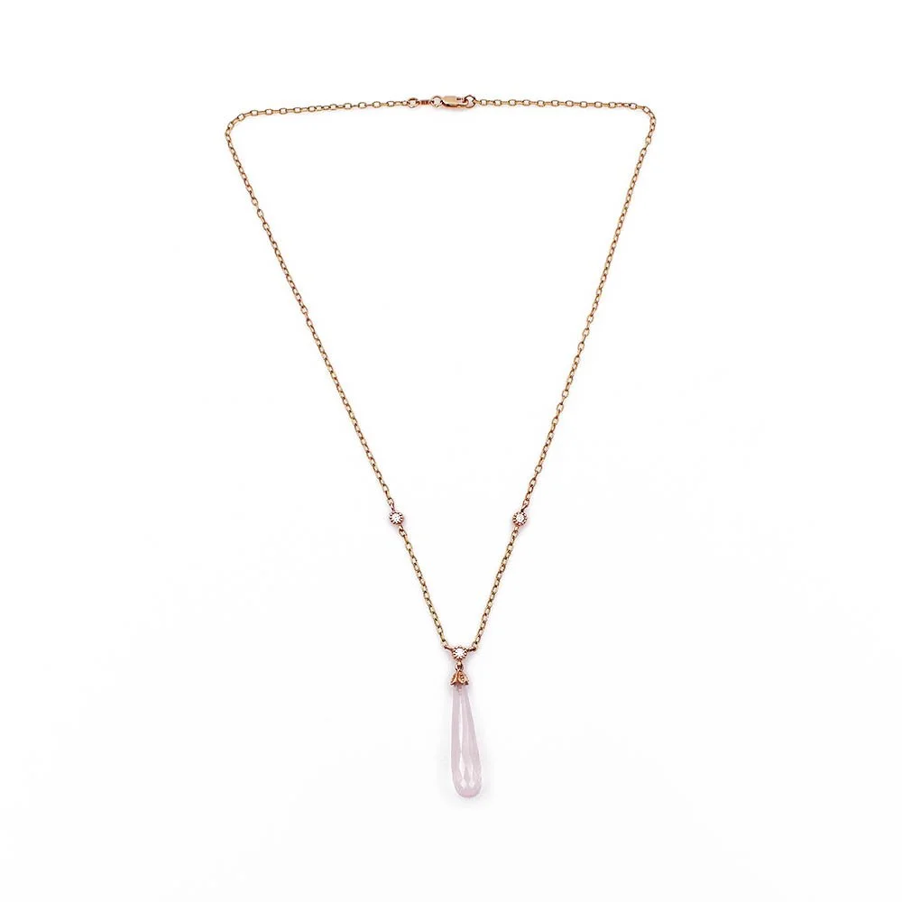 Rose Quartz Briolette Dangle Necklace Gold