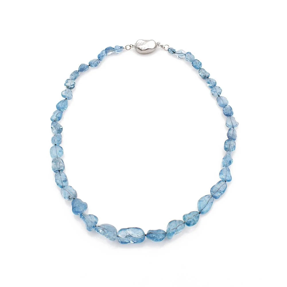 Freeform Aquamarine Bead Necklace Silver Bean Clasp