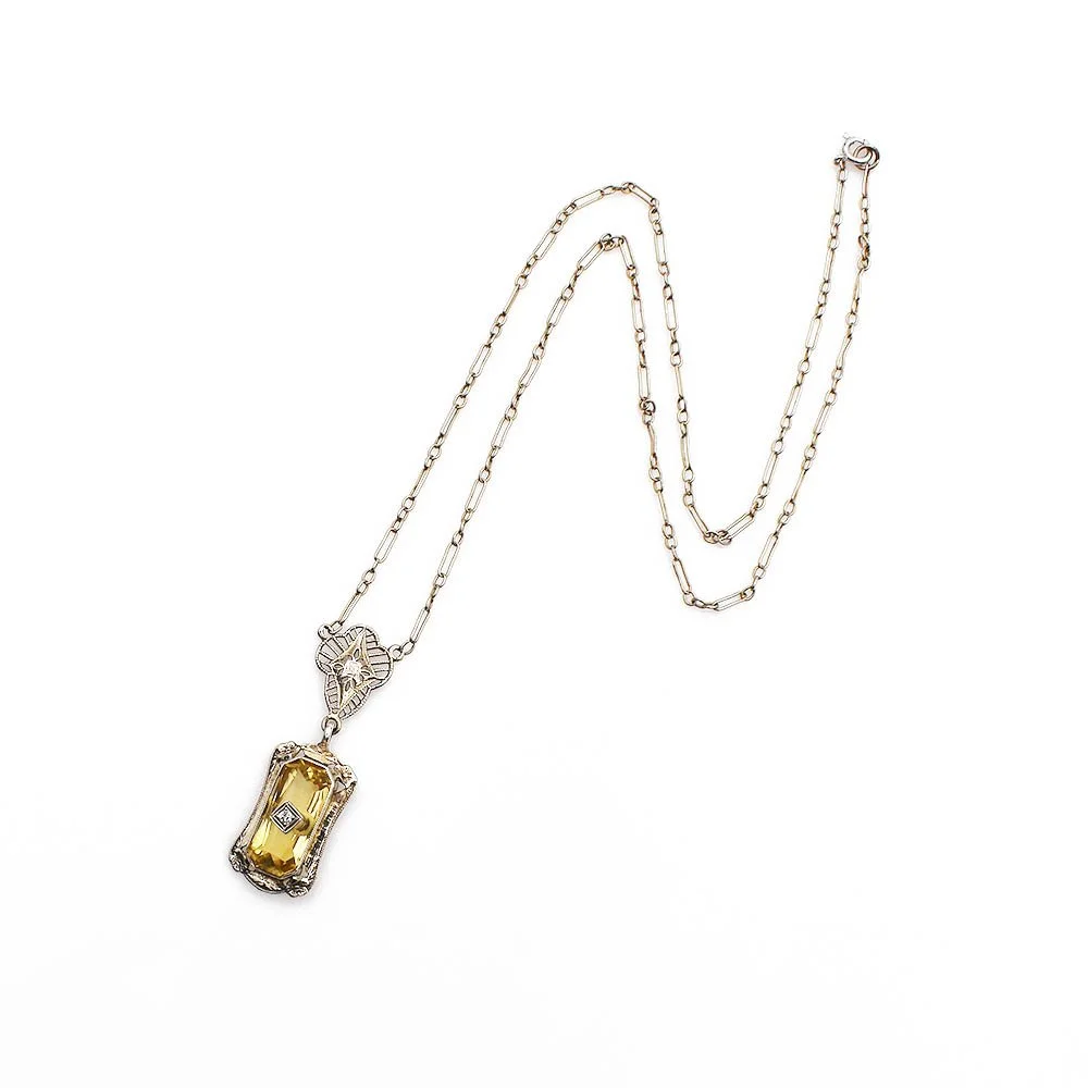 Citrine Diamond Filigree Lavalier Necklace White Gold