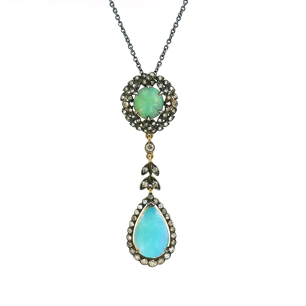 Vintage Opal Diamond Pendant Gold and Silver