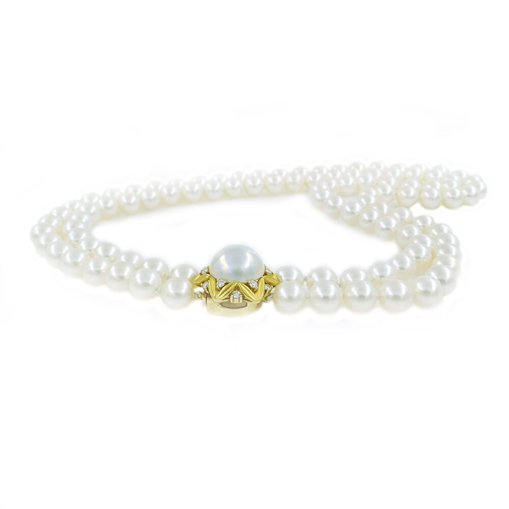 18kt Yellow Gold Double Strand Akoya Pearl Necklace