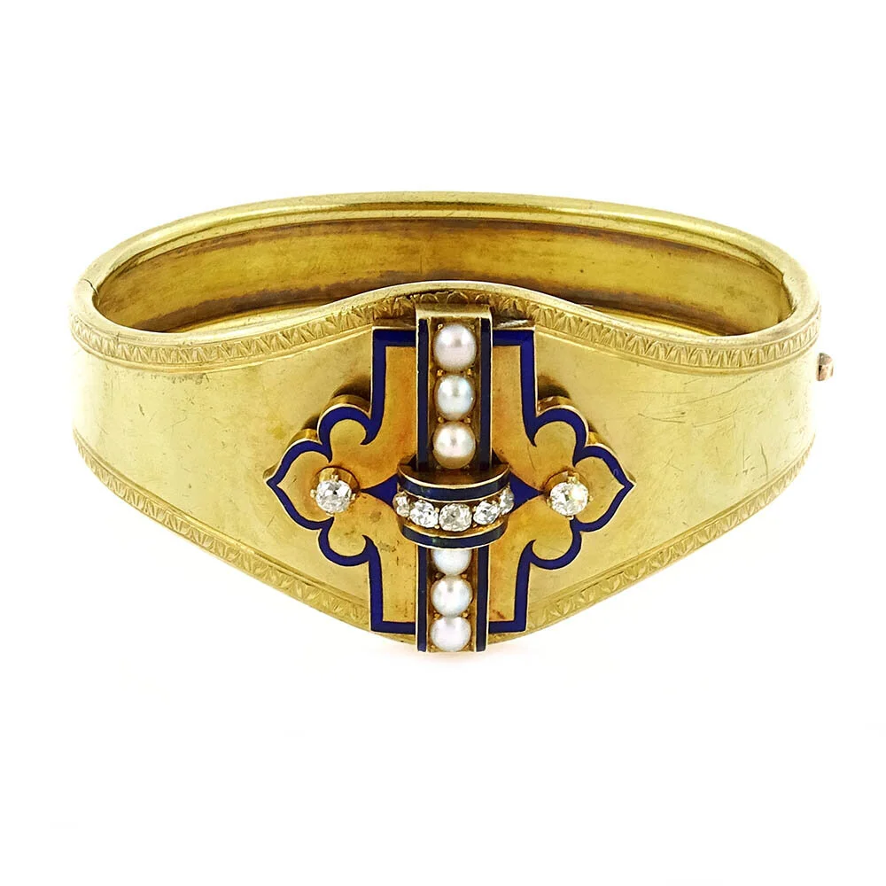 Victorian Pearl Diamond Bangle Bracelet Gold