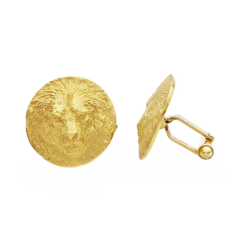 Vintage Lion Face Round Gold Cufflinks