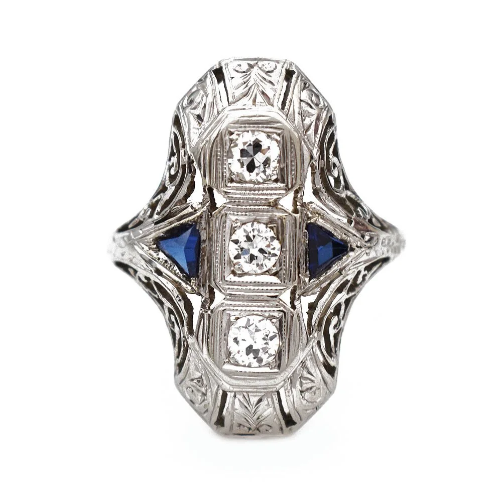 Belais Diamond Sapphire Filigree Ring 18k White Gold
