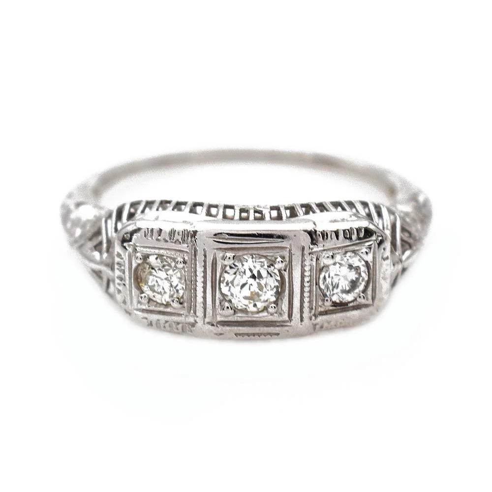 Art Deco Filigree Diamond Ring 10k White Gold