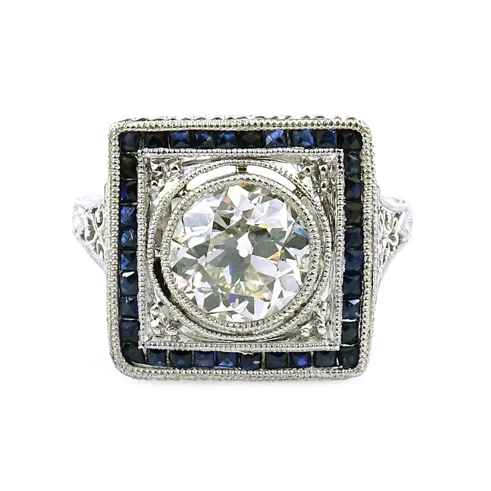Art Deco Diamond Sapphire Ring Platinum 1.10 Carat