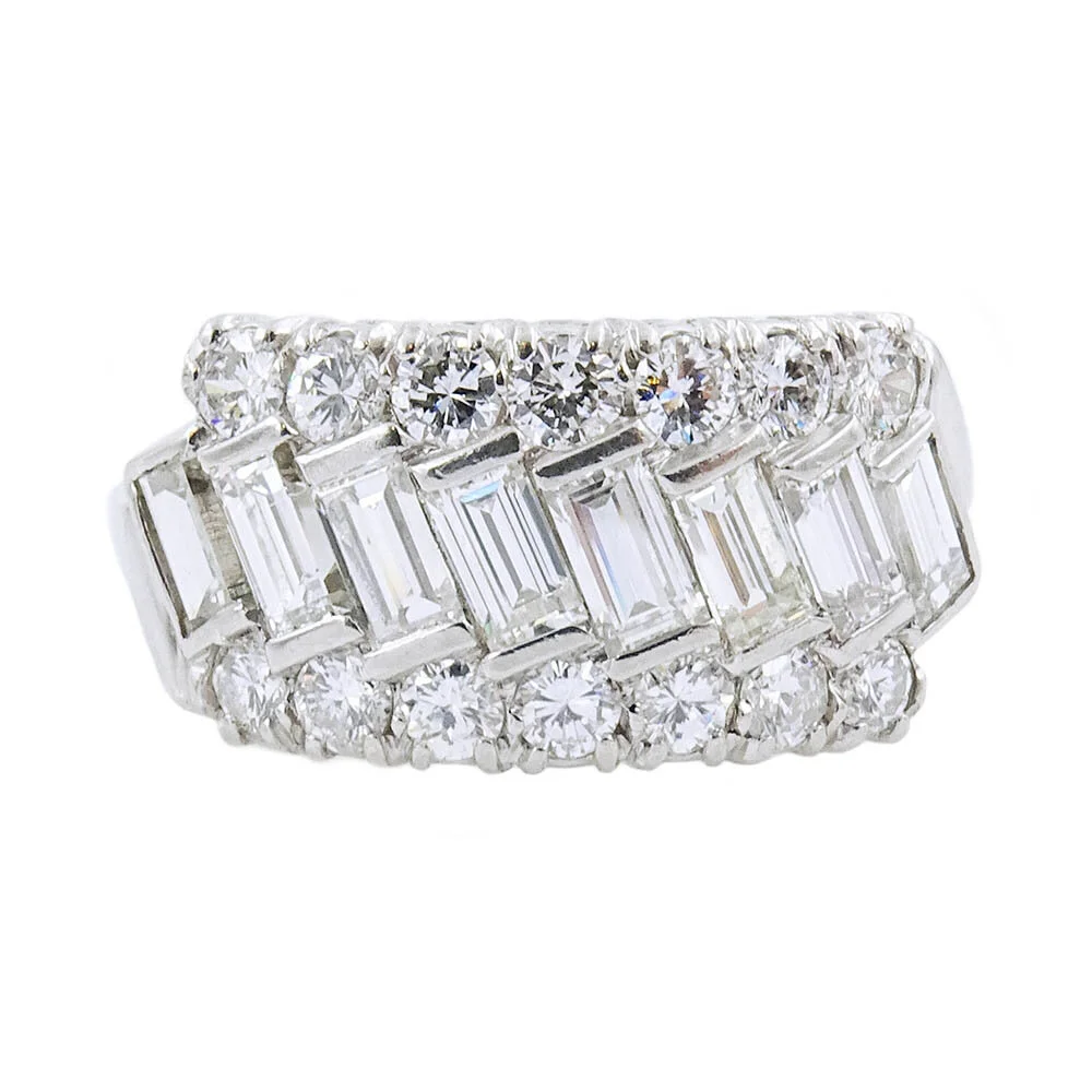 Baguette and Round Diamond Ring Platinum 2.10 Total Carats