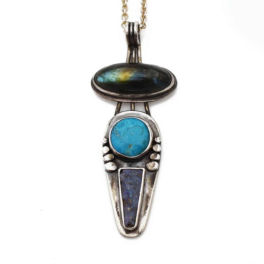 Modernist Labradorite Turquoise Opal Pendant Sterling Silver