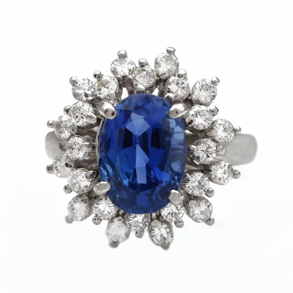 No Heat Blue Sapphire Ring Diamond Halo White Gold