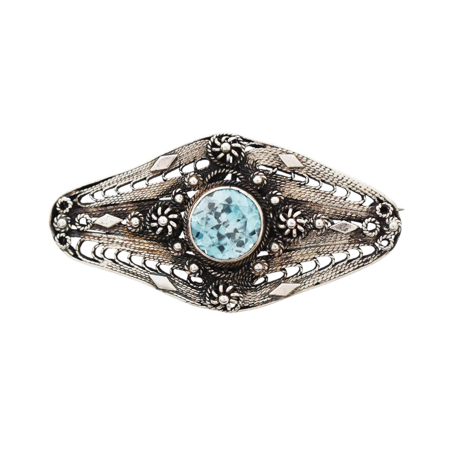 Antique Blue Zircon Filigree Pin Silver