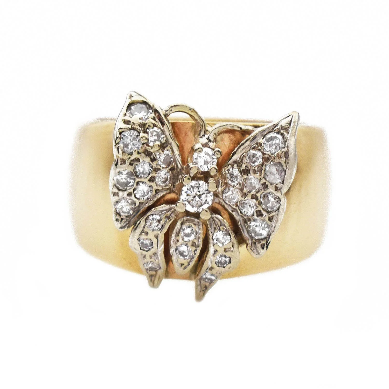 Diamond Butterfly Wide Band Ring Yellow/White Gold