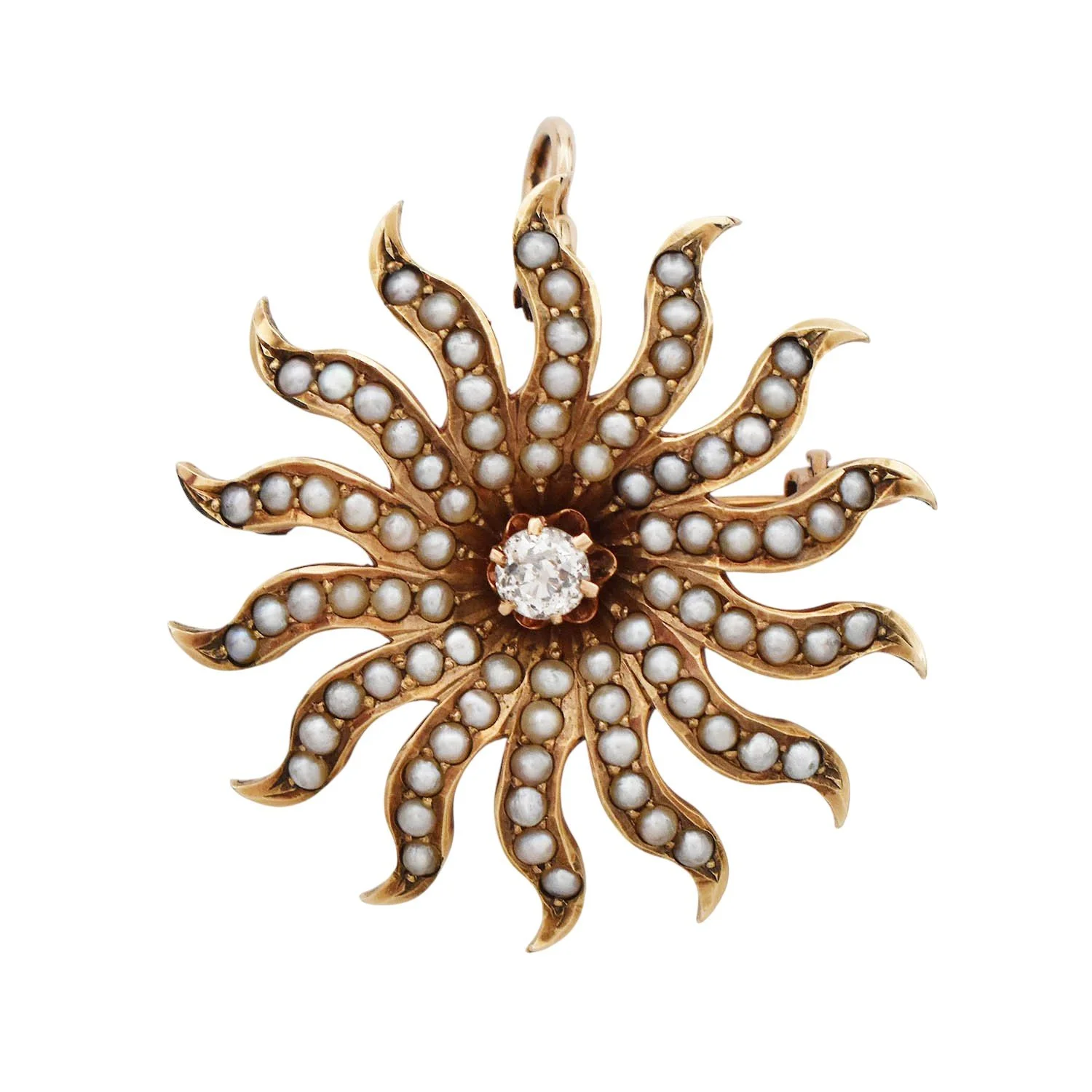 Victorian Seed Pearl Sunburst Brooch Pendant Gold