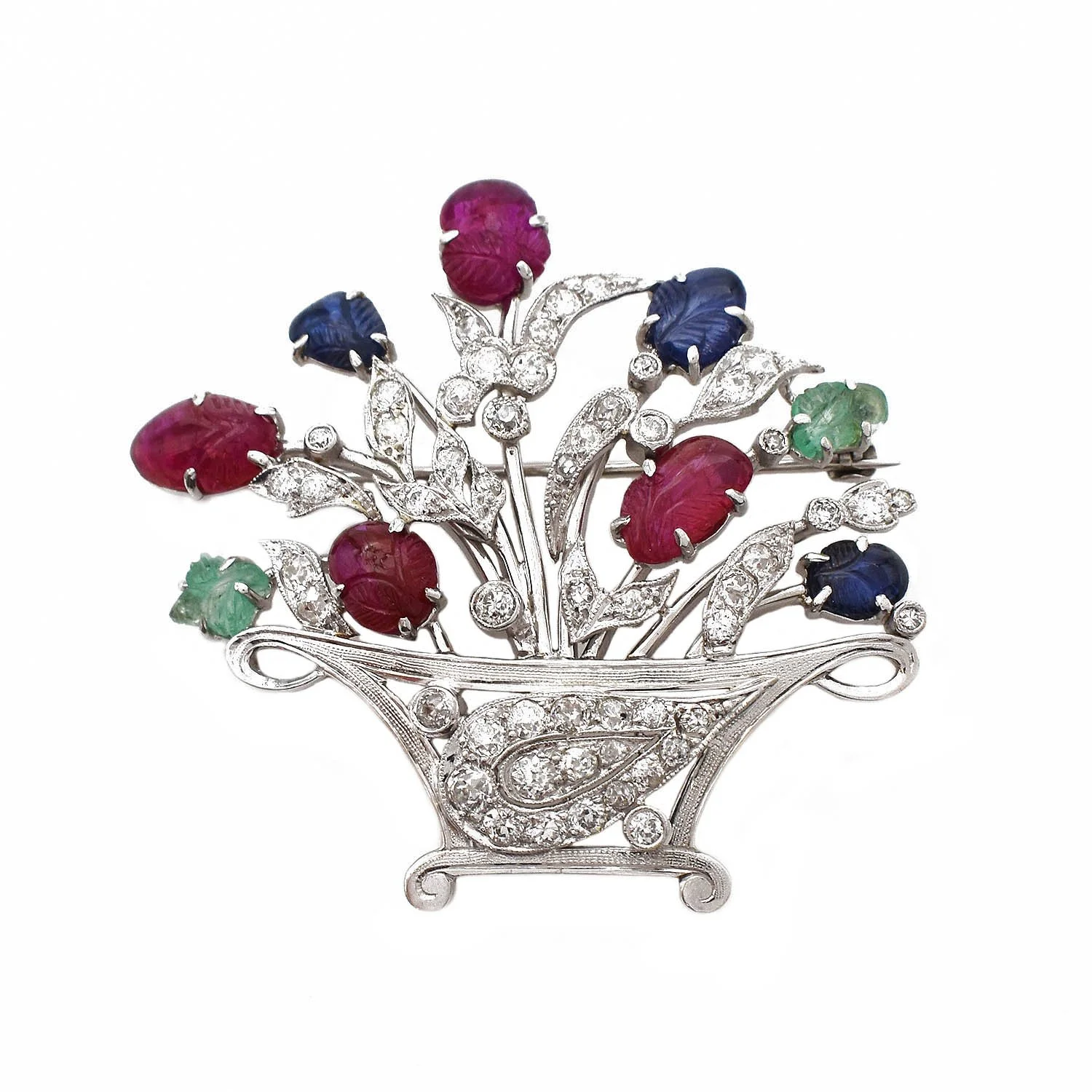 Tutti Frutti Flower Basket Brooch Pin Platinum