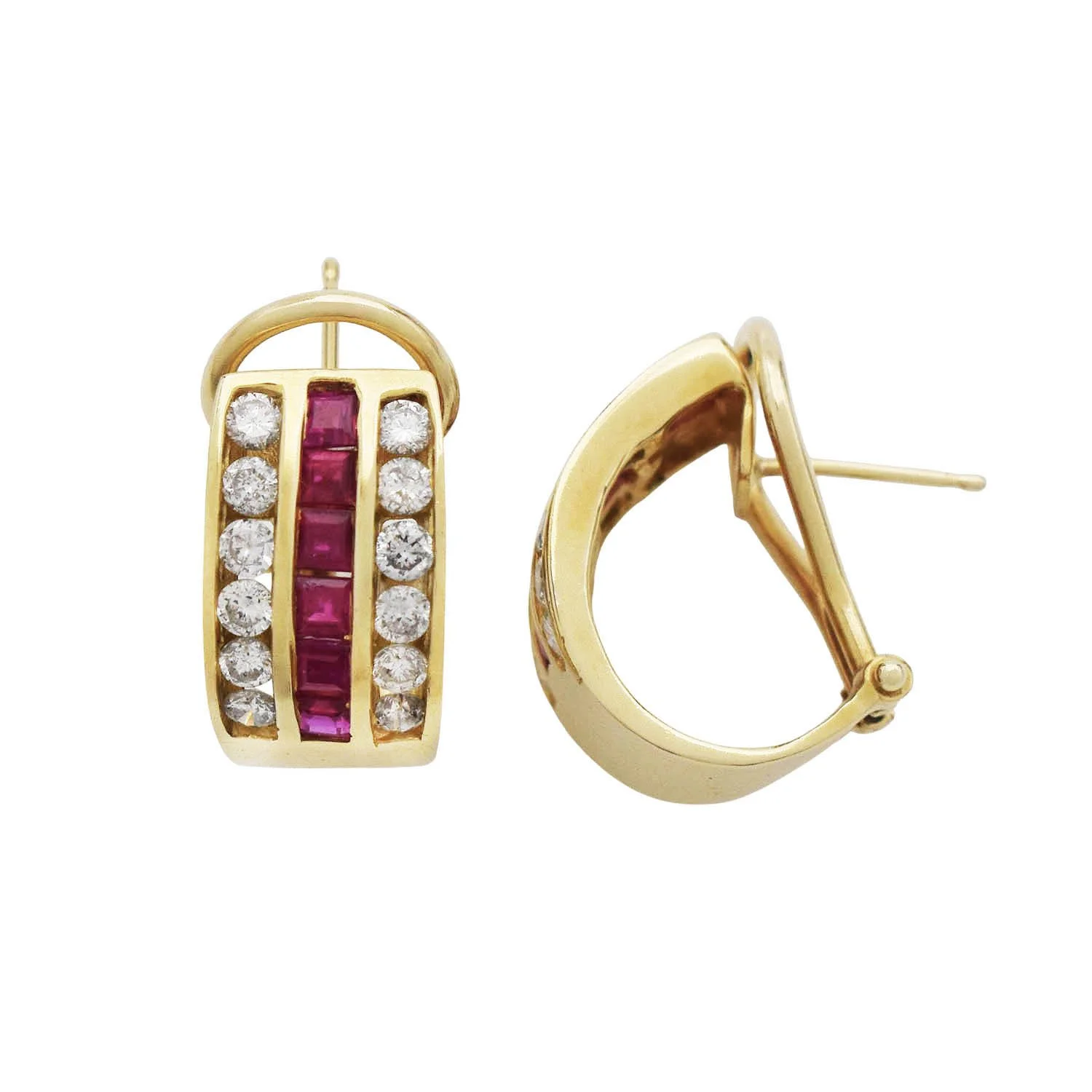 Ruby Diamond Half Hoop Omega Back Earrings Gold