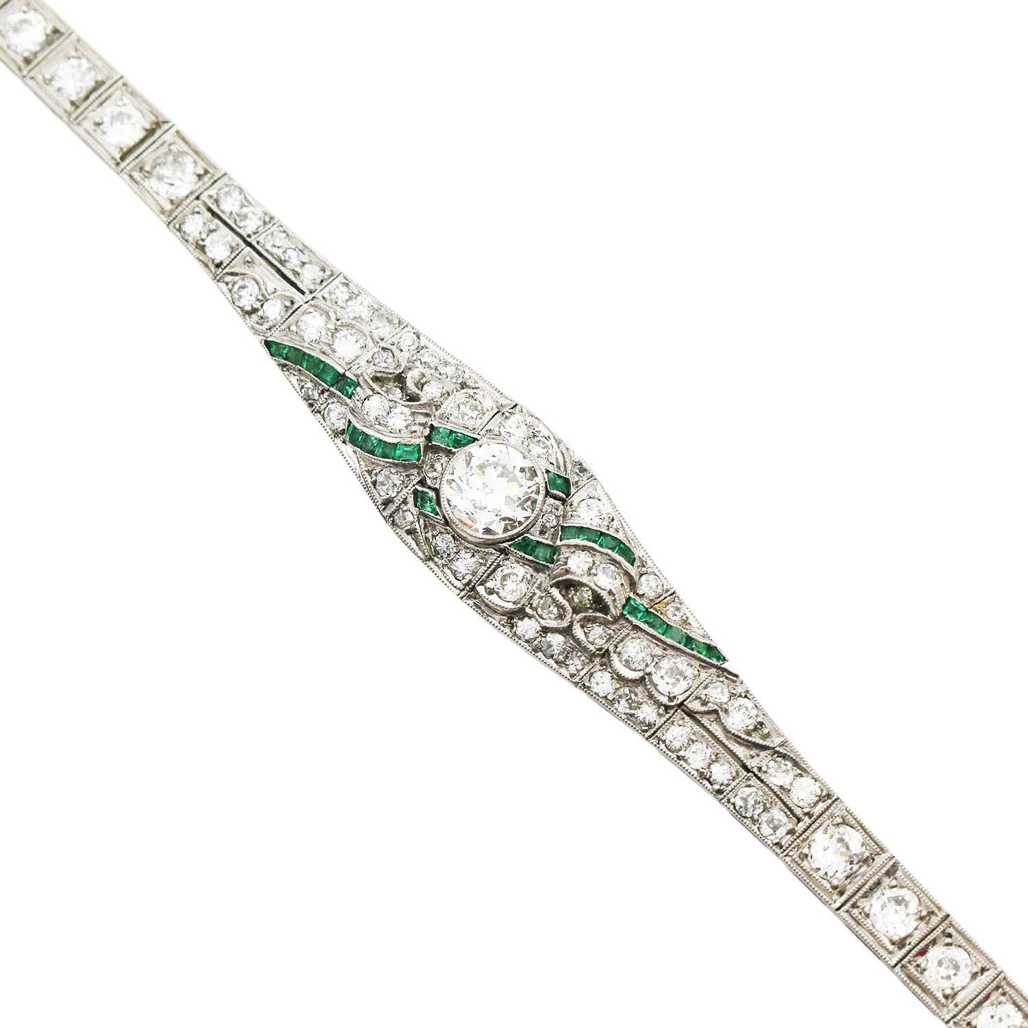 Art Deco Platinum Diamond Emerald Bracelet